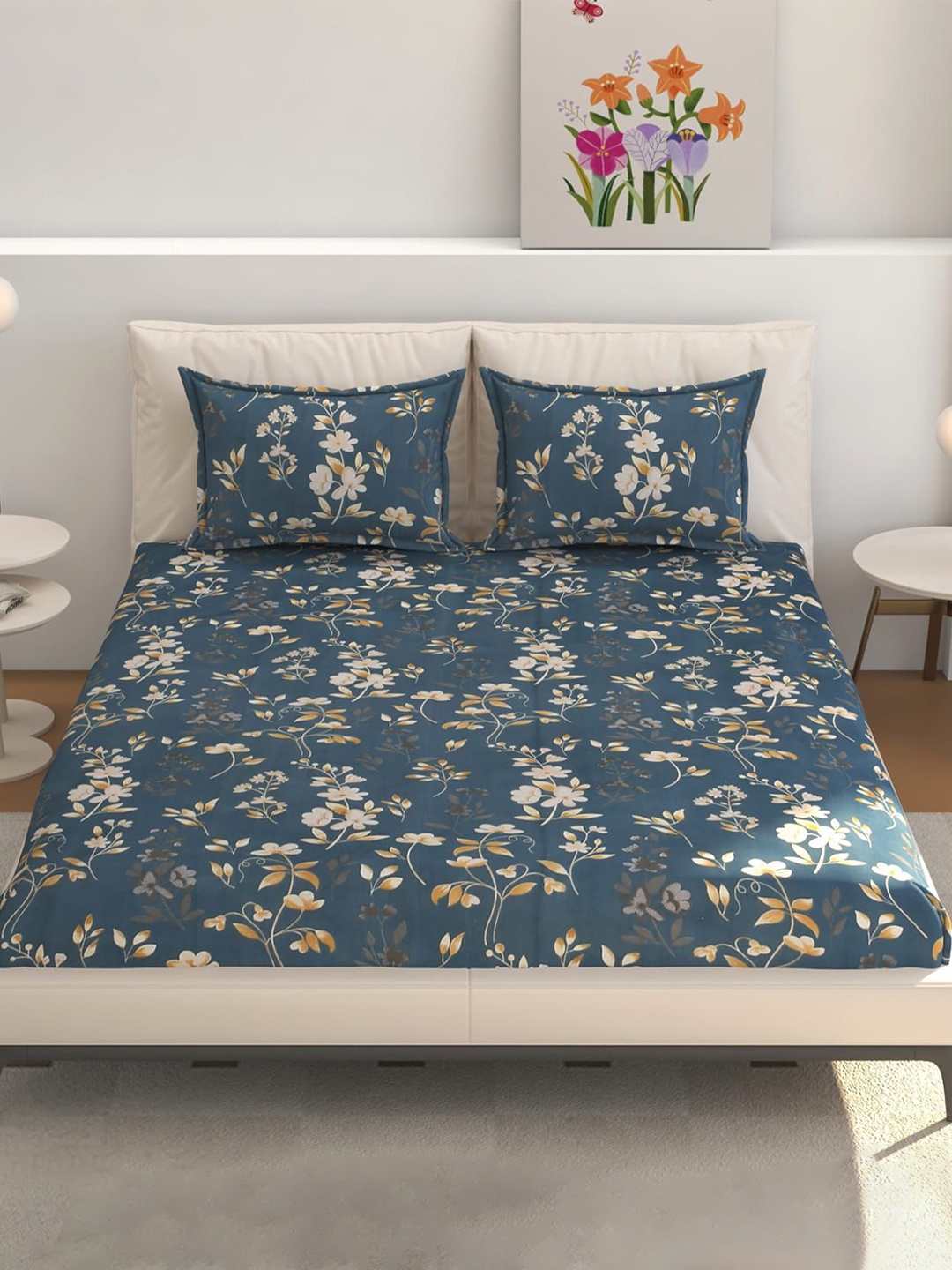 

CLIO'S HERITAGE STORE Blue Floral Cotton 210 TC Queen Fitted Bedsheet Set 1.77 m x 1.82 m