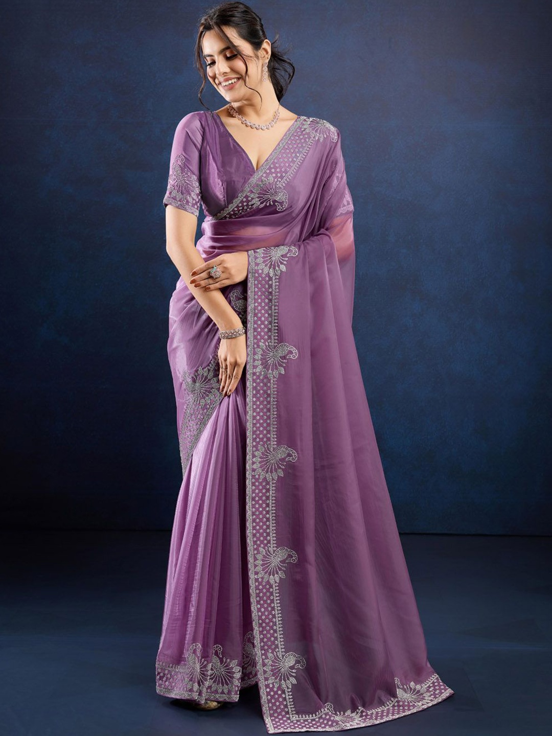 

Meena Bazaar Beads and Stones Organza Saree, Lavender