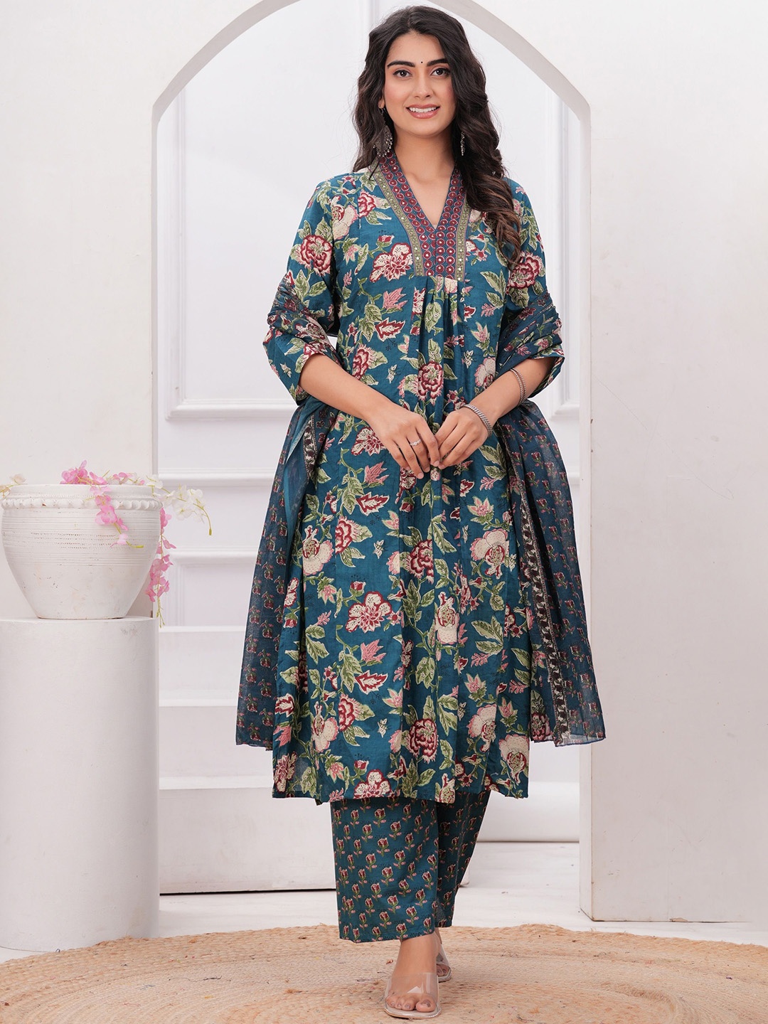 

VASUPRADA Floral Printed V-Neck Sequinned Cotton A-Line Kurta With Palazzos & Dupatta, Green
