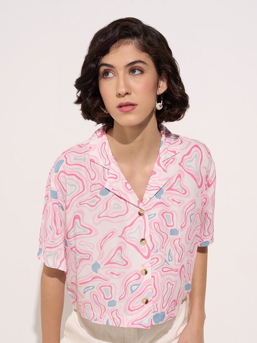 

AKKRITI BY PANTALOONS Floral Print Roll-Up Sleeves Shirt Style Top, Pink
