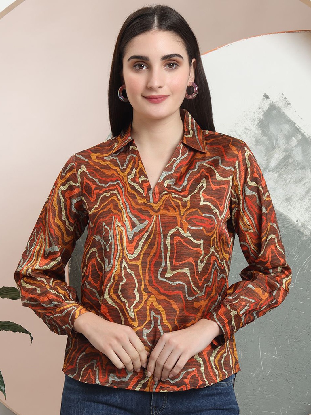 

FITHUB Women Abstract Printed Shirt Collar SatinShirt Style Top, Brown