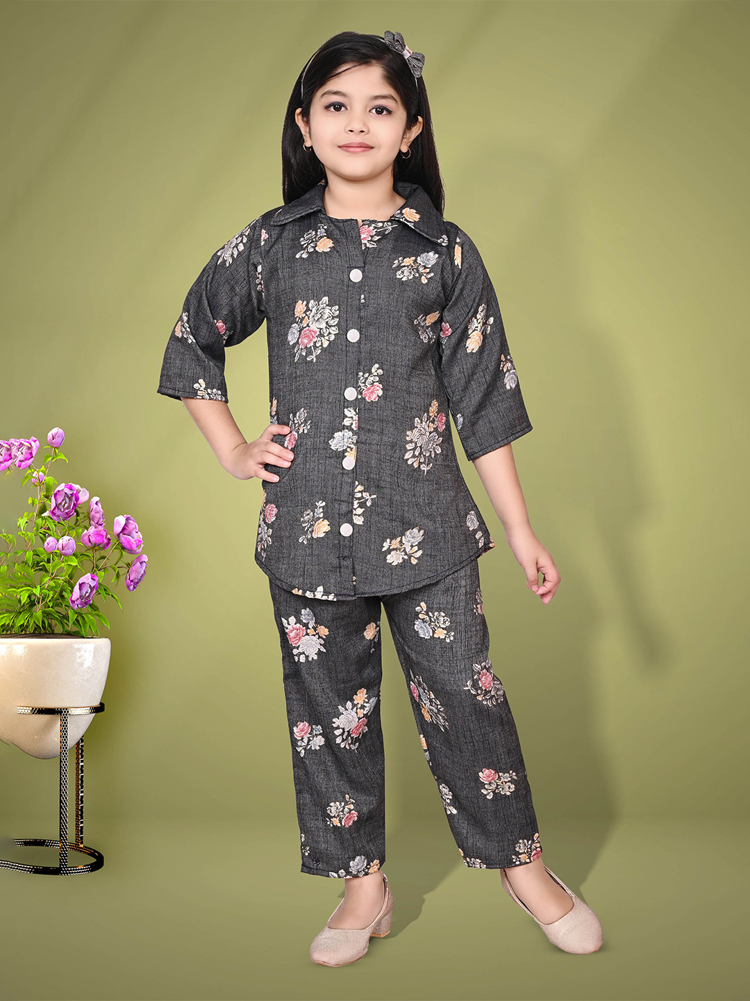 

KAARIGARI Girls Floral Printed Pure Cotton Tunic With Trousers, Black