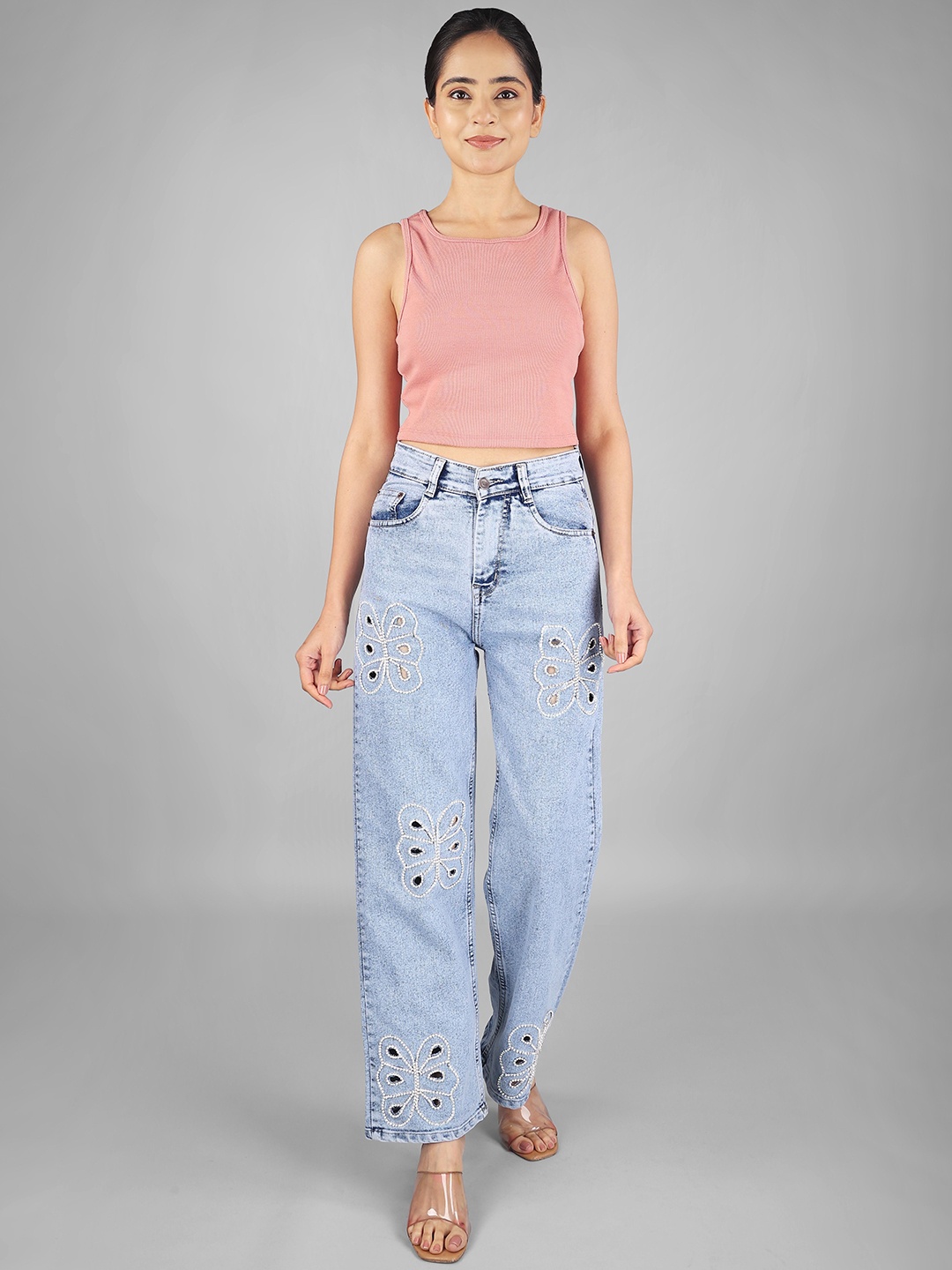 

Wear Your Words Women Embellished Butterfly Cut Out Jeans - Nyssa, Blue