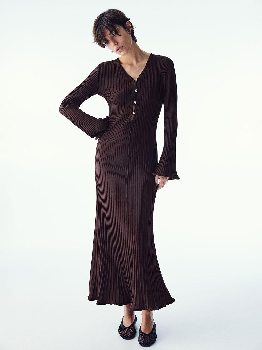 

H&M Flared-Skirt Rib-Knit Dress, Brown