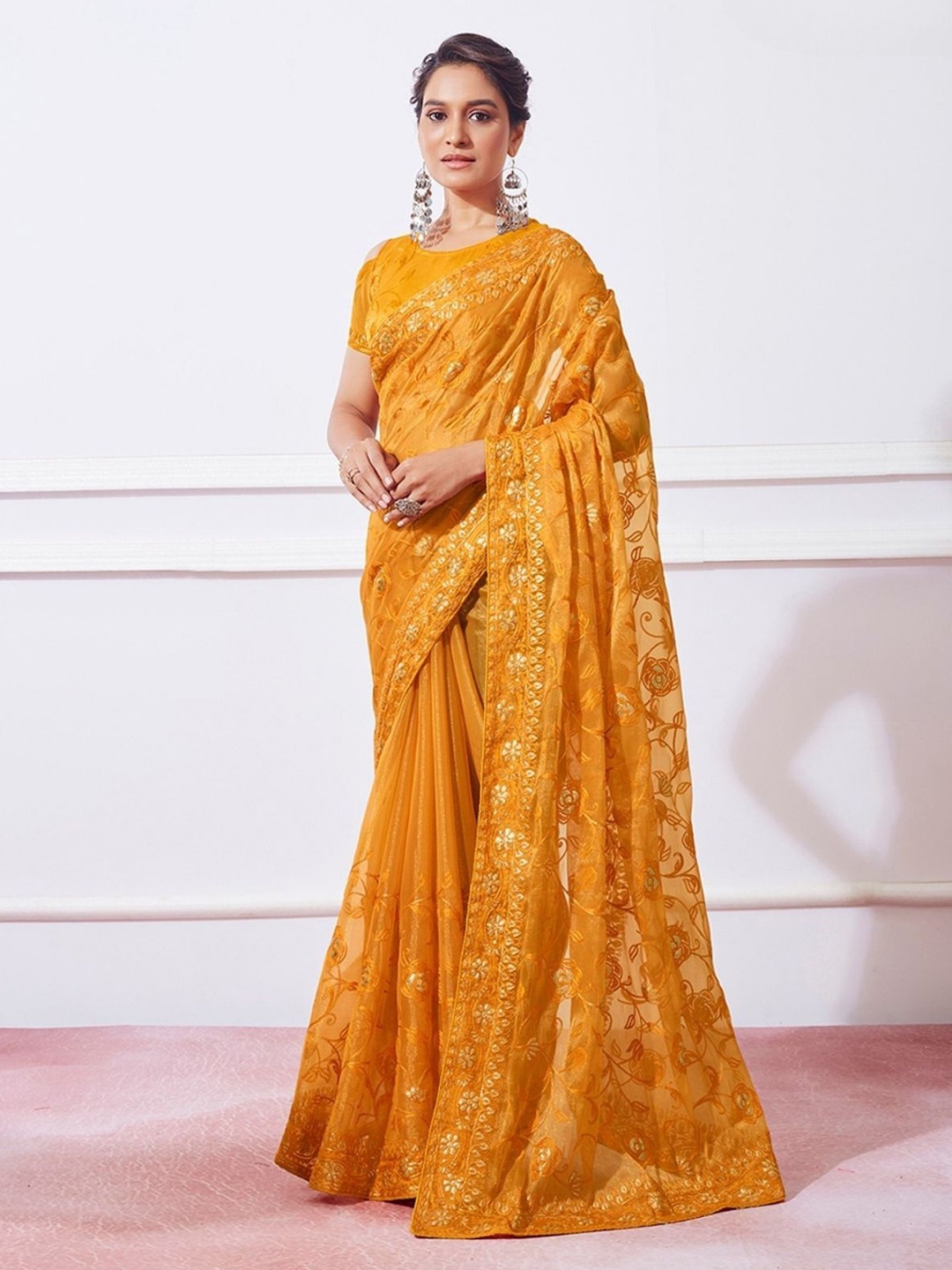 

ODETTE Women Simmar Embroidered Saree With Unstitched Blouse For Women, Mustard