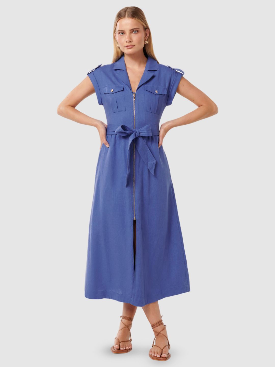 

Forever New Shirt CollarTie-Ups Detail A-Line Midi Dress, Blue