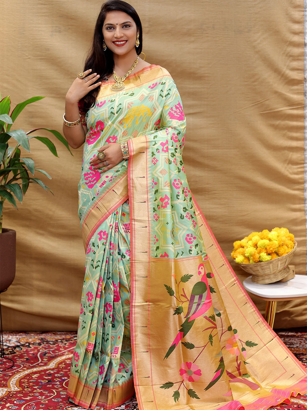

Kandora Woven Design Zari Pure Silk Heavy Work Paithani Saree, Sea green