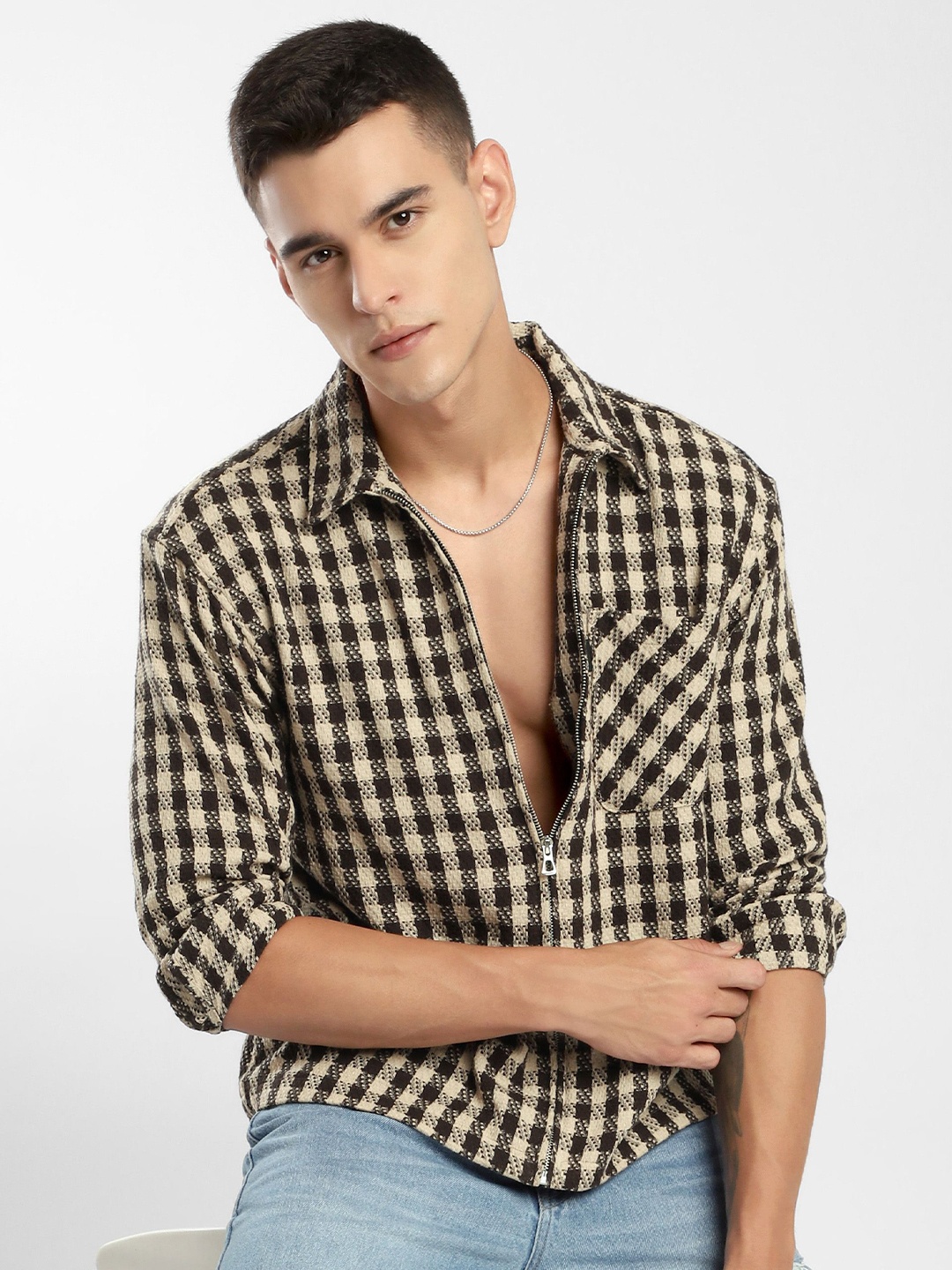 

Beyoung Men Comfort Opaque Checked Casual Shirt, Beige