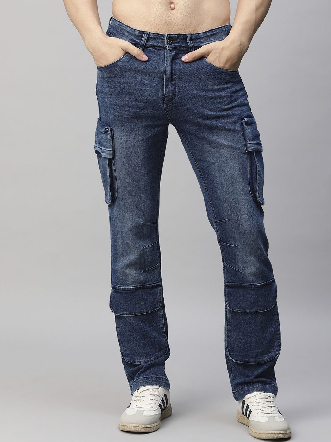 

PRONK Men Straight Fit Cotton Heavy Fade Utility Denim Cargo Jeans, Blue