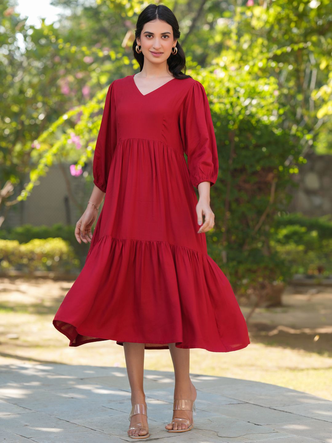 

Janasya Women Red Rayon Solid Tiered Dress