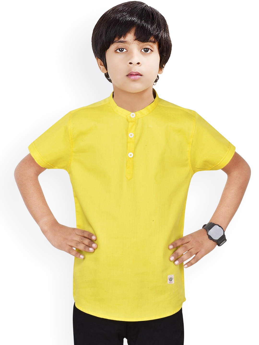 

MADE IN THE SHADE Boys Band Collar Cotton Straight Kurta, Yellow