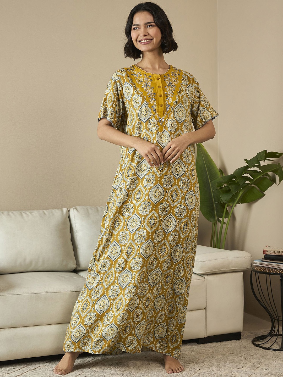 

July Printed Maxi Nightdress, Mustard
