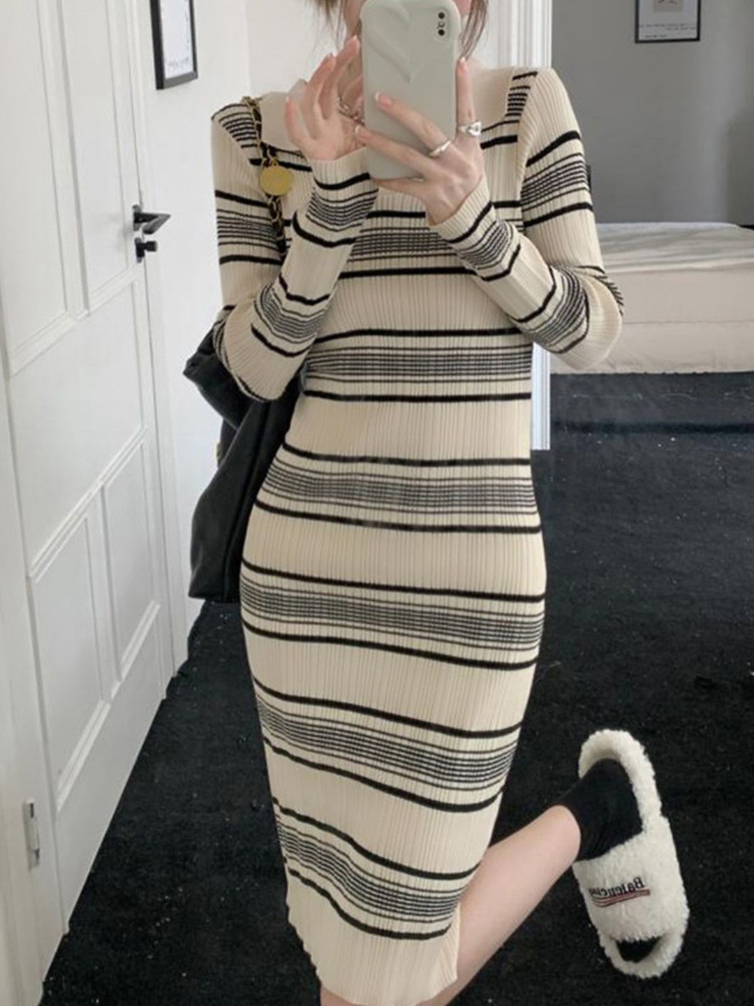 

Mast & Harbour Women Striped Shirt Collar Long Sleeves Sheath Dress, Beige