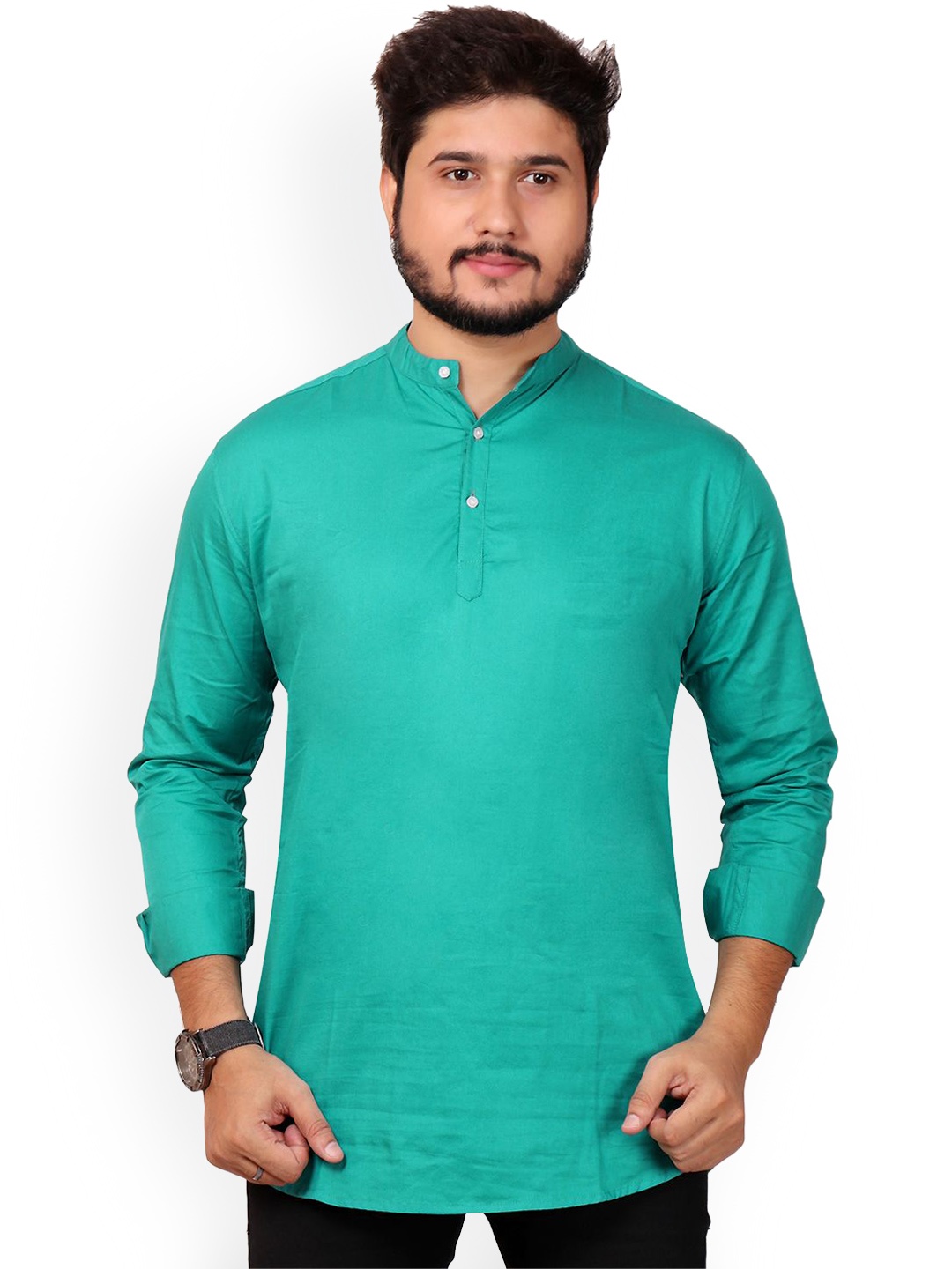 

MADE IN THE SHADE Band Collar Pure Cotton Straight Kurta, Green
