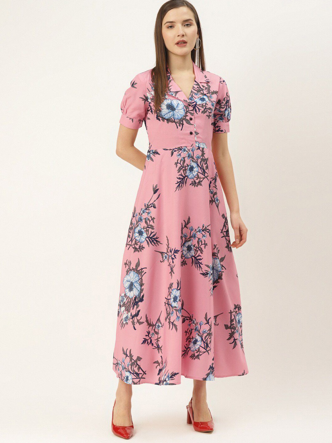 

DressBerry Women Floral Printed Puff Sleeve A-Line Midi Dress, Pink