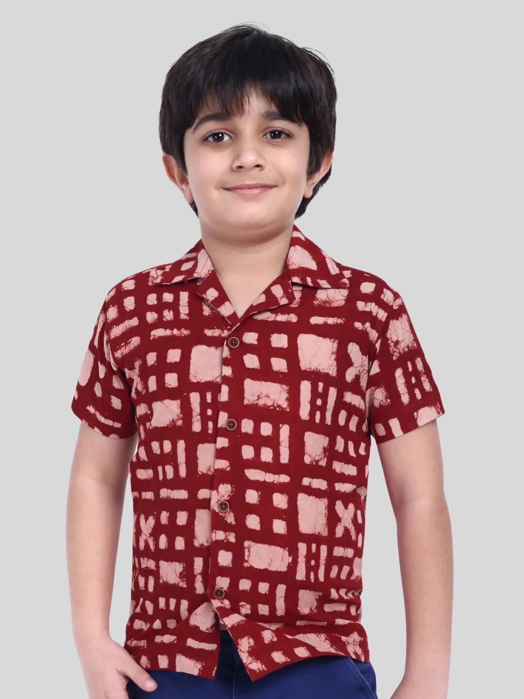 

MOSHI Boys Classic Fit Cuban Collar Geometric Printed Cotton Casual Shirt, Red