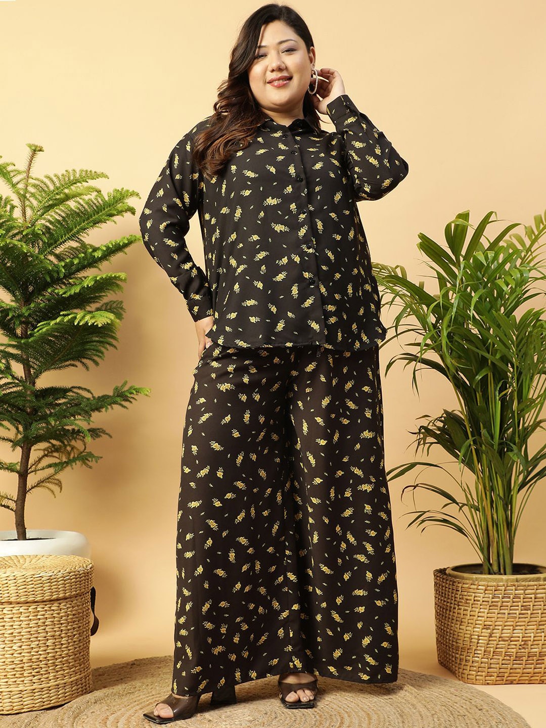 

Oxolloxo Plus Size Floral Printed Shirt Collar Shirt With Palazzos, Black