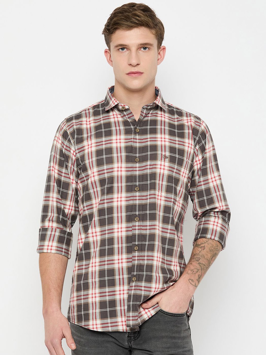 

Duke Men Slim Fit Spread Collar Tartan Checked Cotton Casual Shirt, Brown