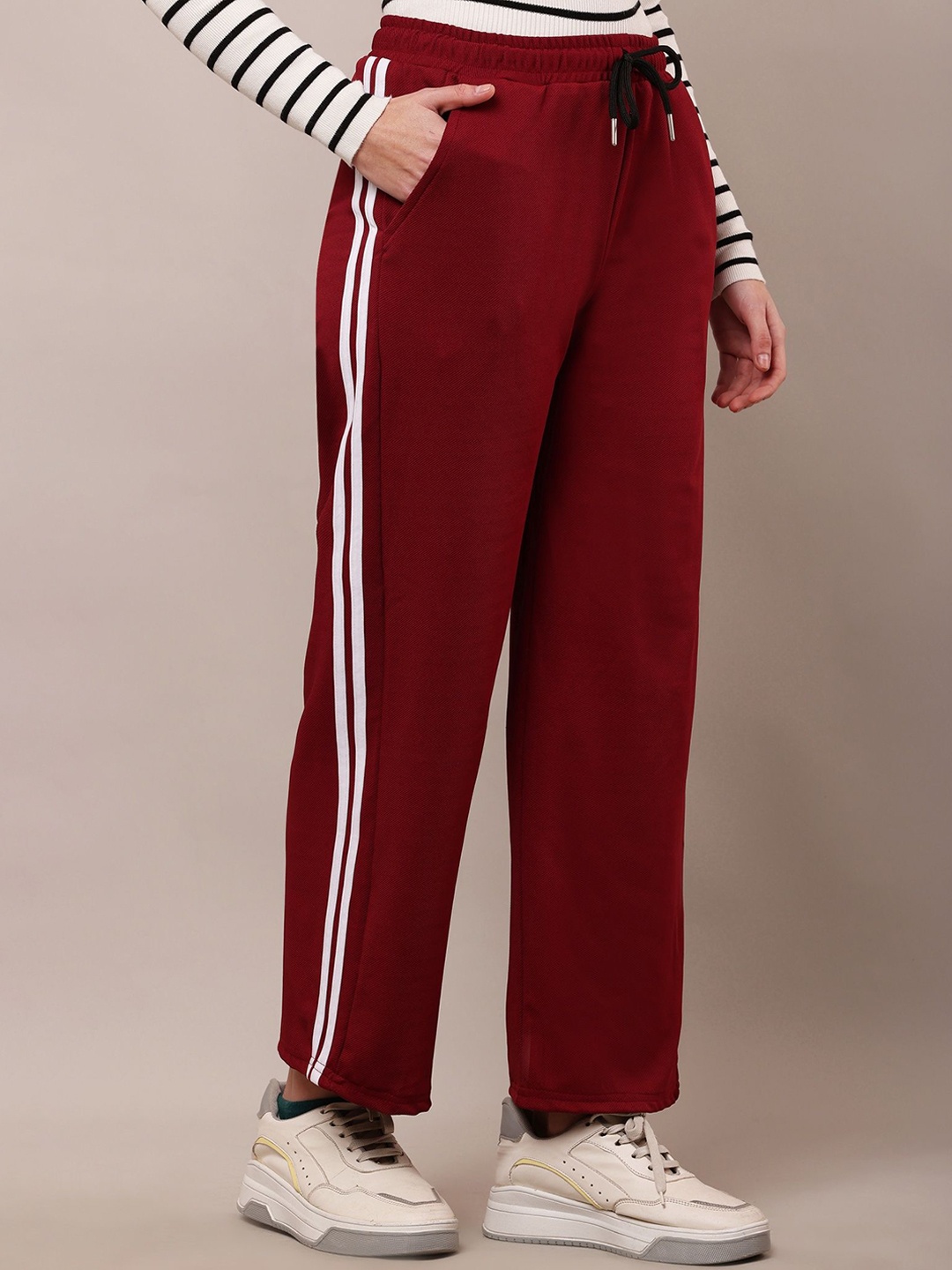 

Bright Nex Women Cotton Side Stripes Mid-Rise Relaxed Straight Leg Trousers, Maroon