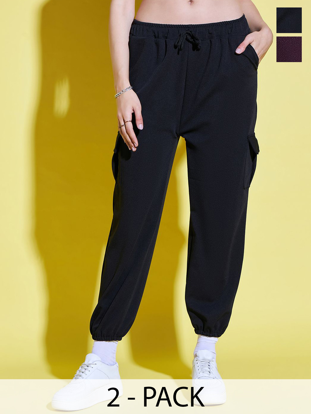 

BUY NEW TREND Pack Of 2 Women Relaxed Mid-Rise Joggers Trousers, Black