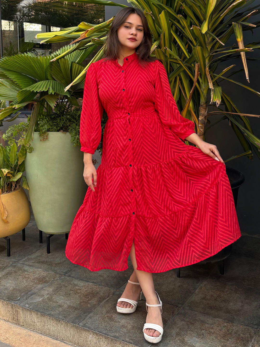 

Bhanderi Fashion Mandarin Collar Puff Sleeves Georgette Shirt Maxi Dress, Red