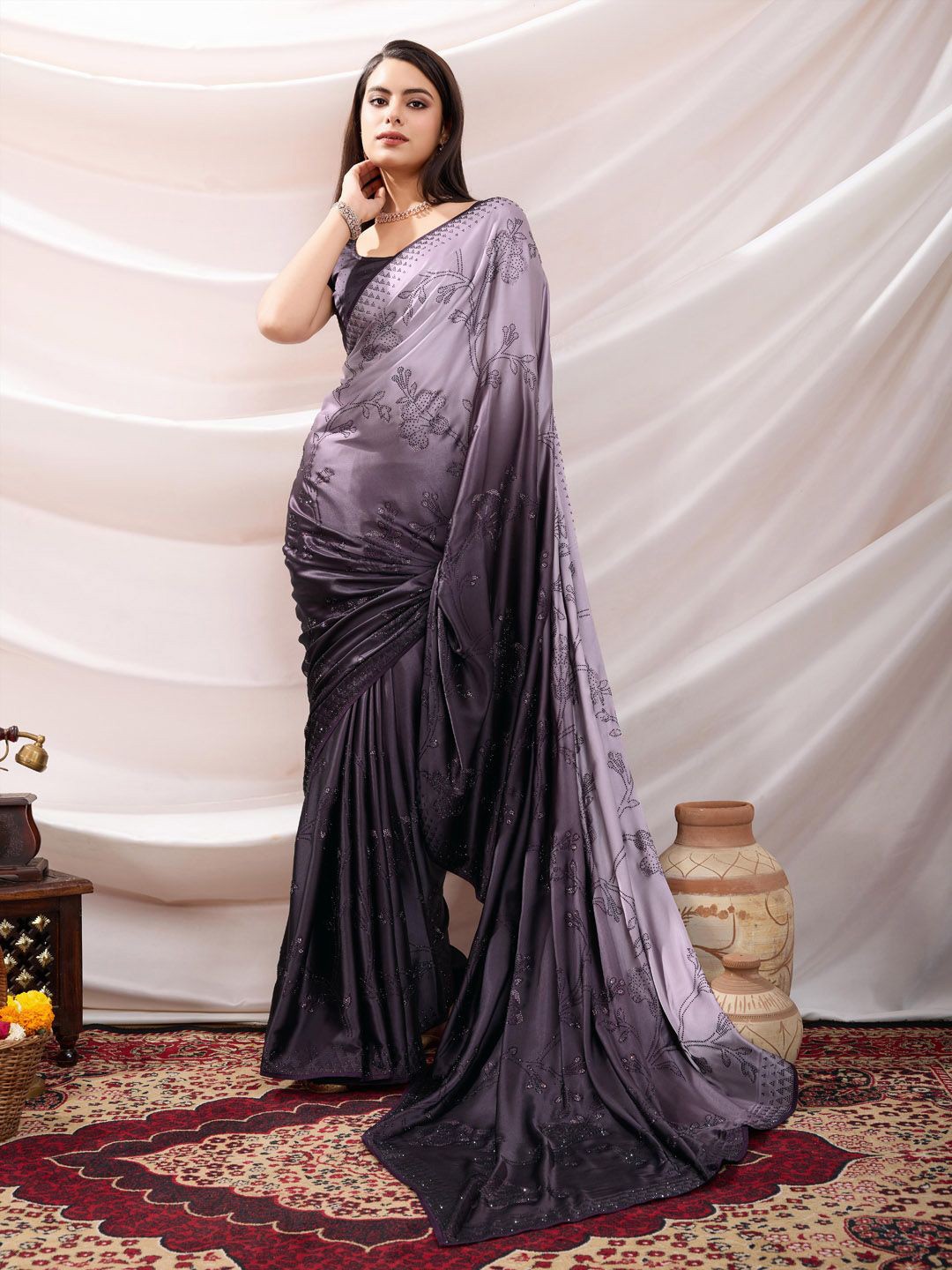 

Meena Bazaar Floral Beads and Stones Satin Saree, Purple