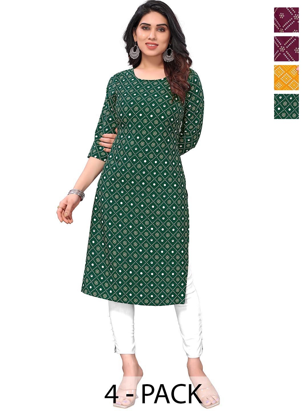 

KETAKI FASHION Selection Of 4 Bandhani Printed Round Neck Straight Kurtas, Green