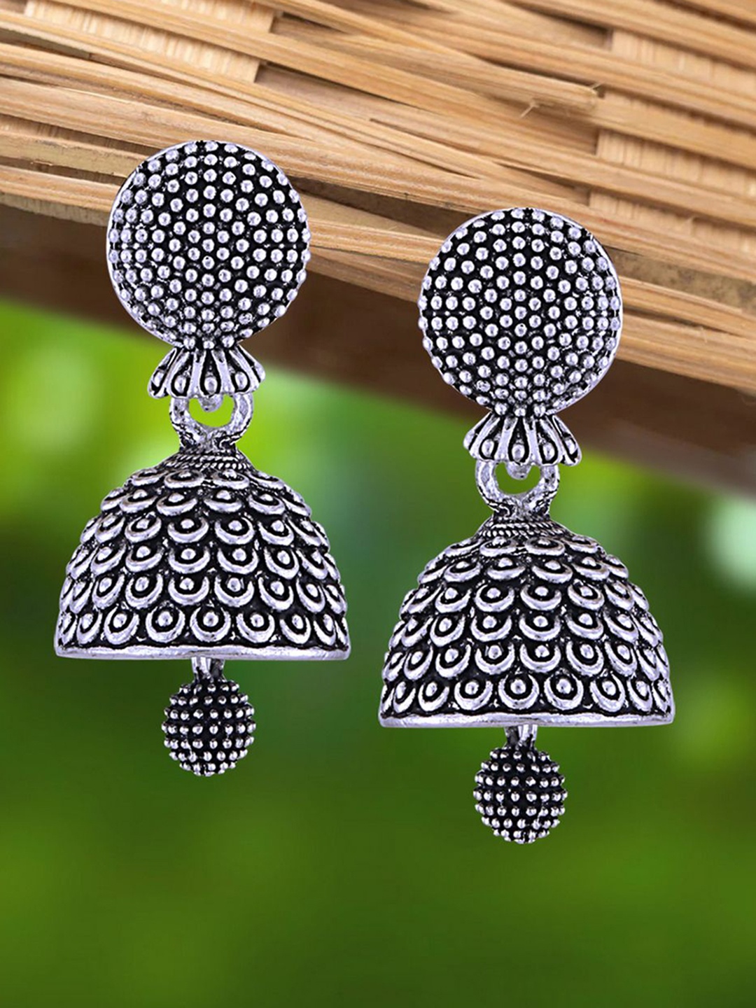 

Anouk Rhodium-Plated Dome Shaped Oxidised Jhumkas, Silver