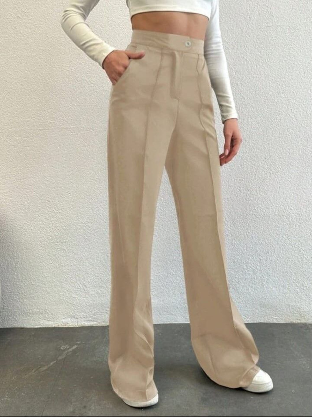 

Next One Women Smart Straight Fit High-Rise Easy Wash Pleated Trousers, Beige