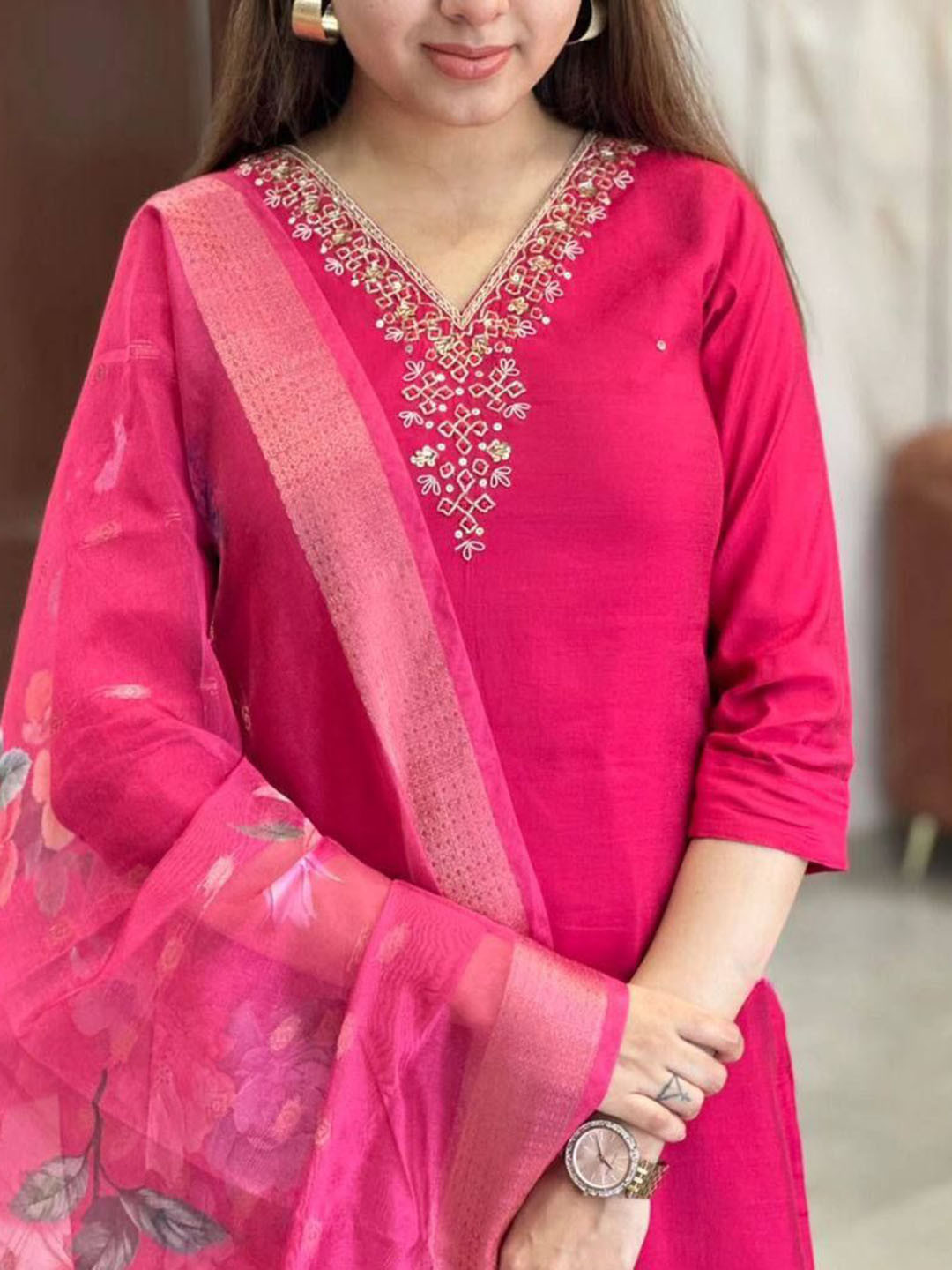 

KALINI Ethnic Motifs Embroidered Chanderi Silk Straight Kurta With Trousers And Dupatta, Pink