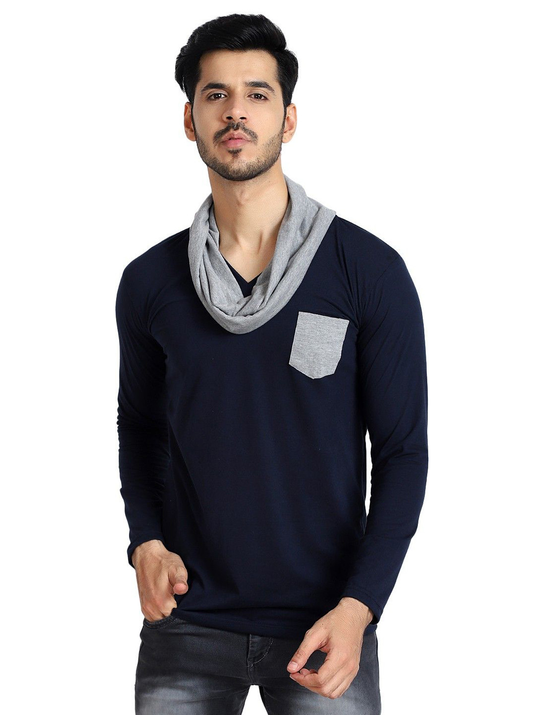 

Black Collection Men Solid V-Neck Cotton Slim Fit T-shirt, Navy blue