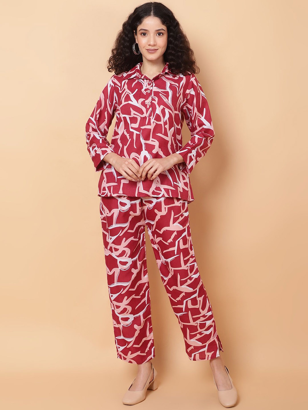 

ROSEMELON Abstract Printed Shirt Collar Shirt With Trouser, Maroon
