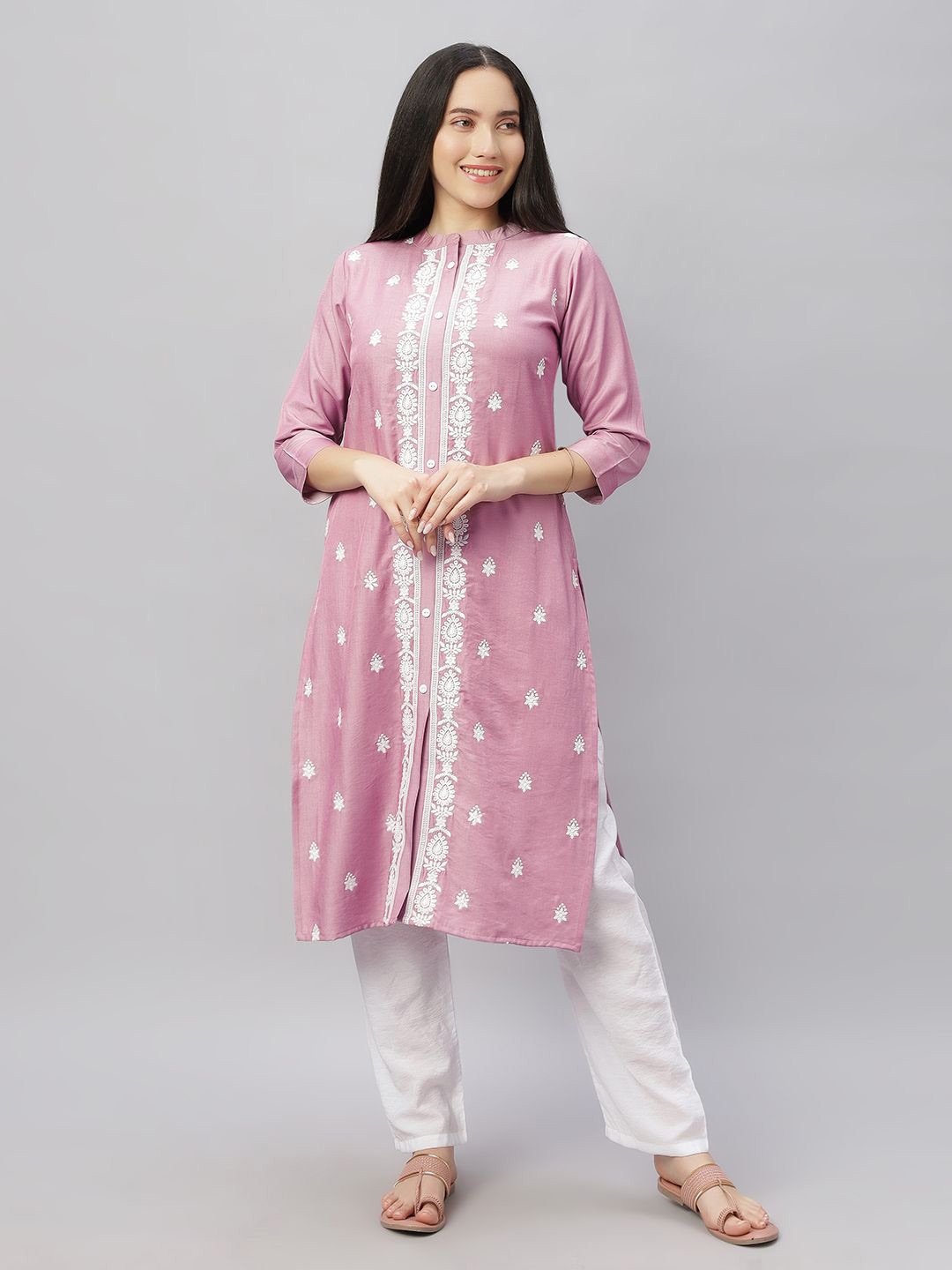 

SK Creation Floral Embroidered Mandarin Collar Thread Work Silk Straight Kurta, Pink