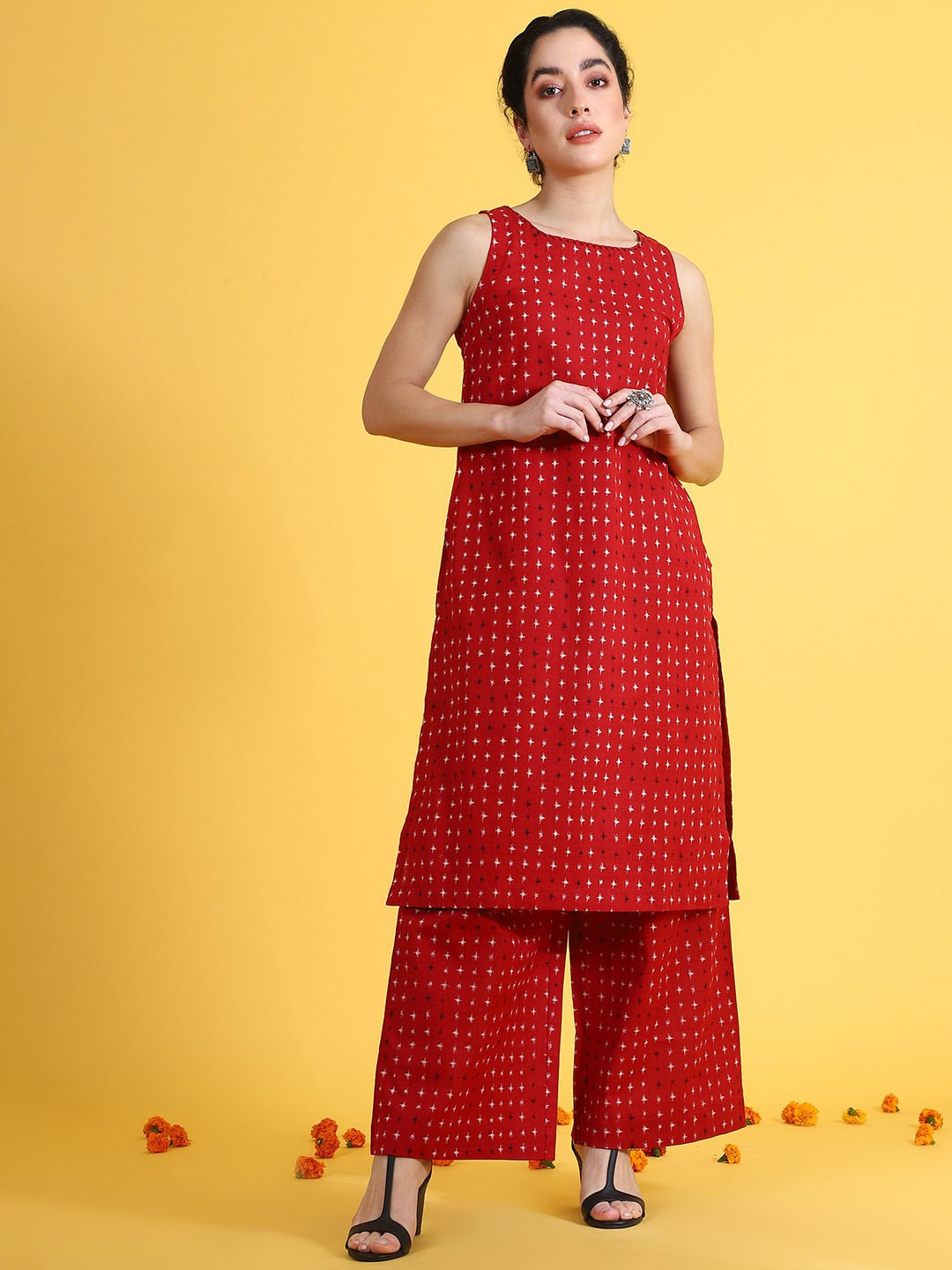 

W Abstract Printed Sleeveless Straight Kurta With Palazzo, Red