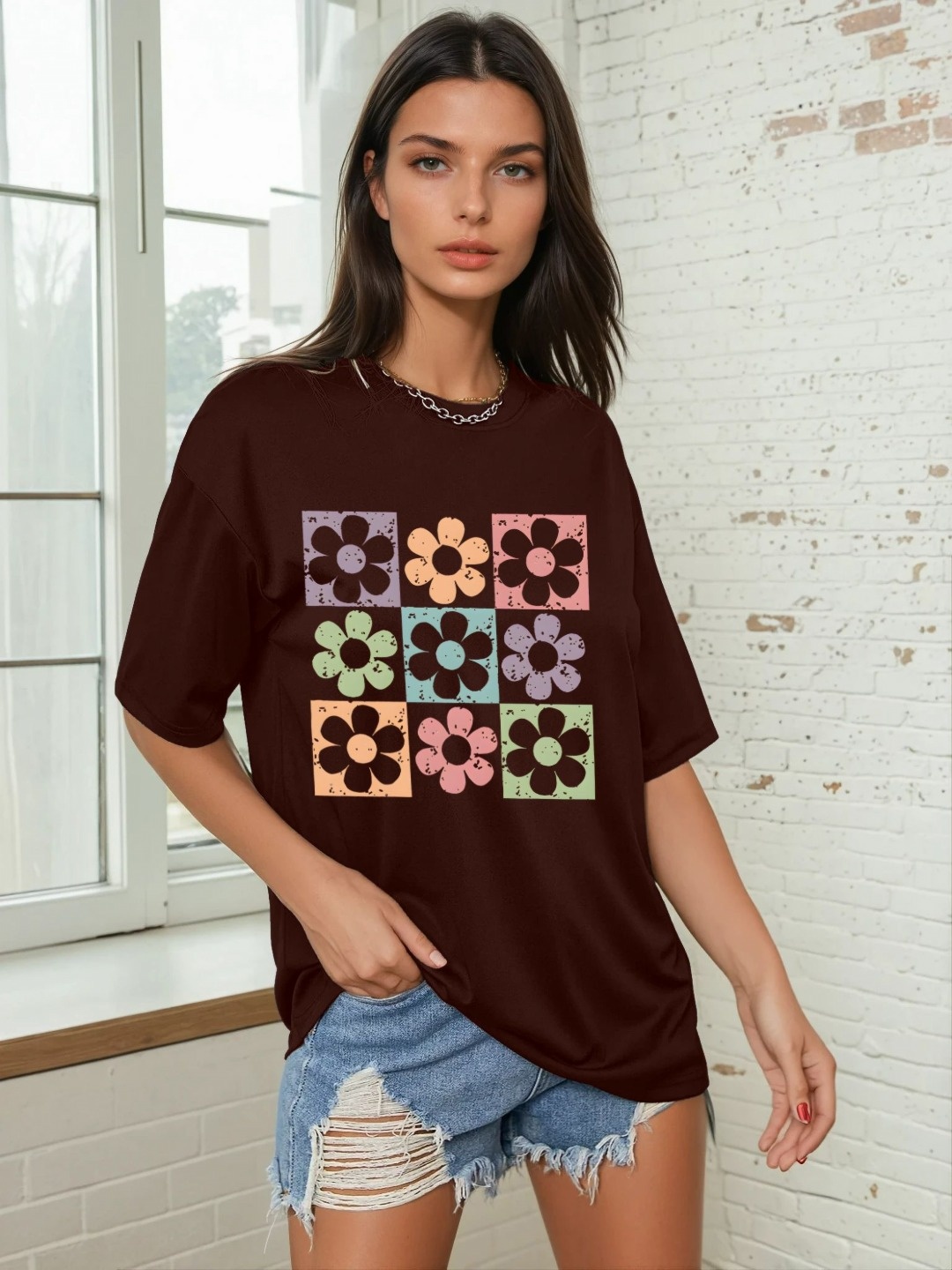 

CORSICA Women Floral Printed Round Neck Relaxed Fit T-shirt, Brown