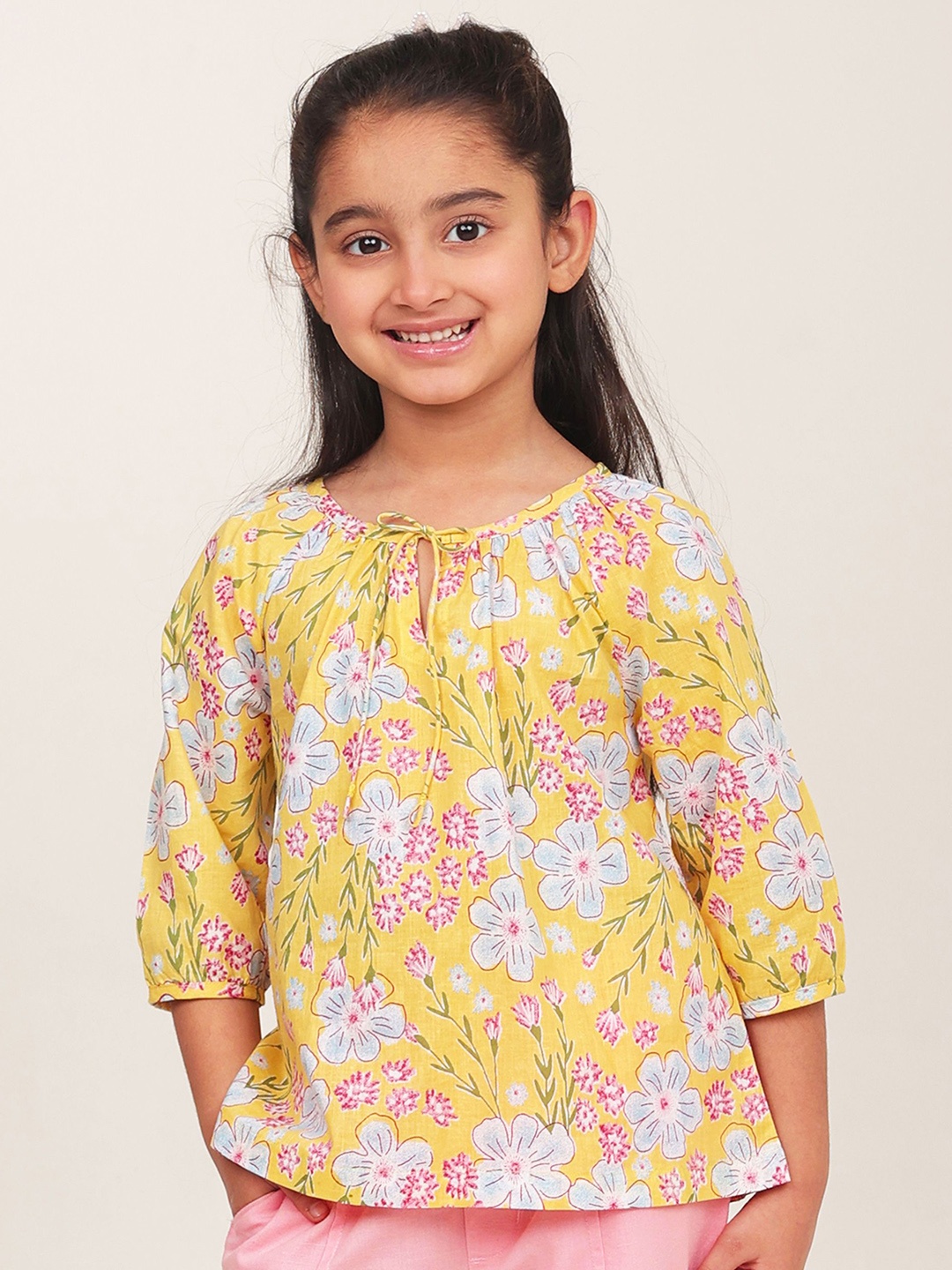 

Campana Girls Floral Printed Tie-Up Neck Cotton Top, Yellow