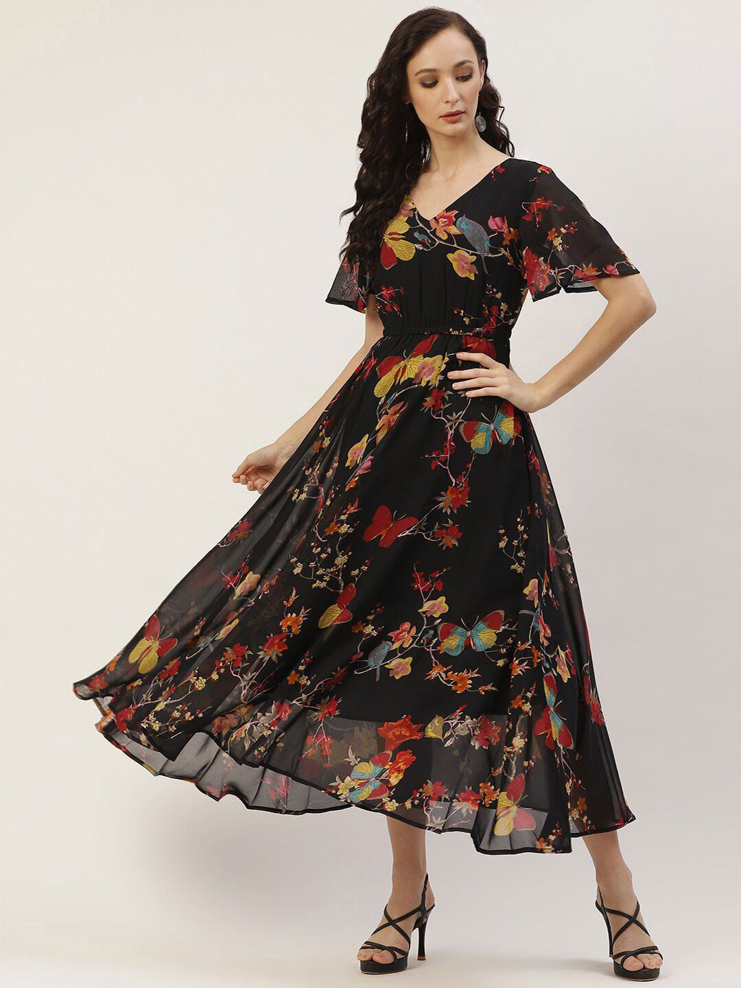 

DressBerry Printed Flared Sleeve Georgette Fit and Flare Midi Dress, Black