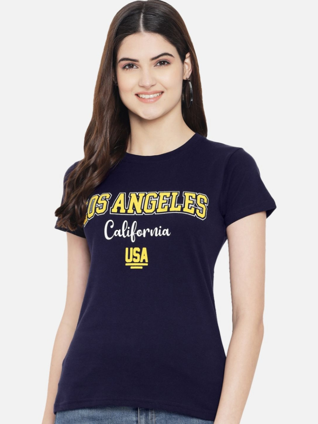 

CORSICA Women Regular Fit Typography Printed Round Neck Cotton T-shirt, Navy blue