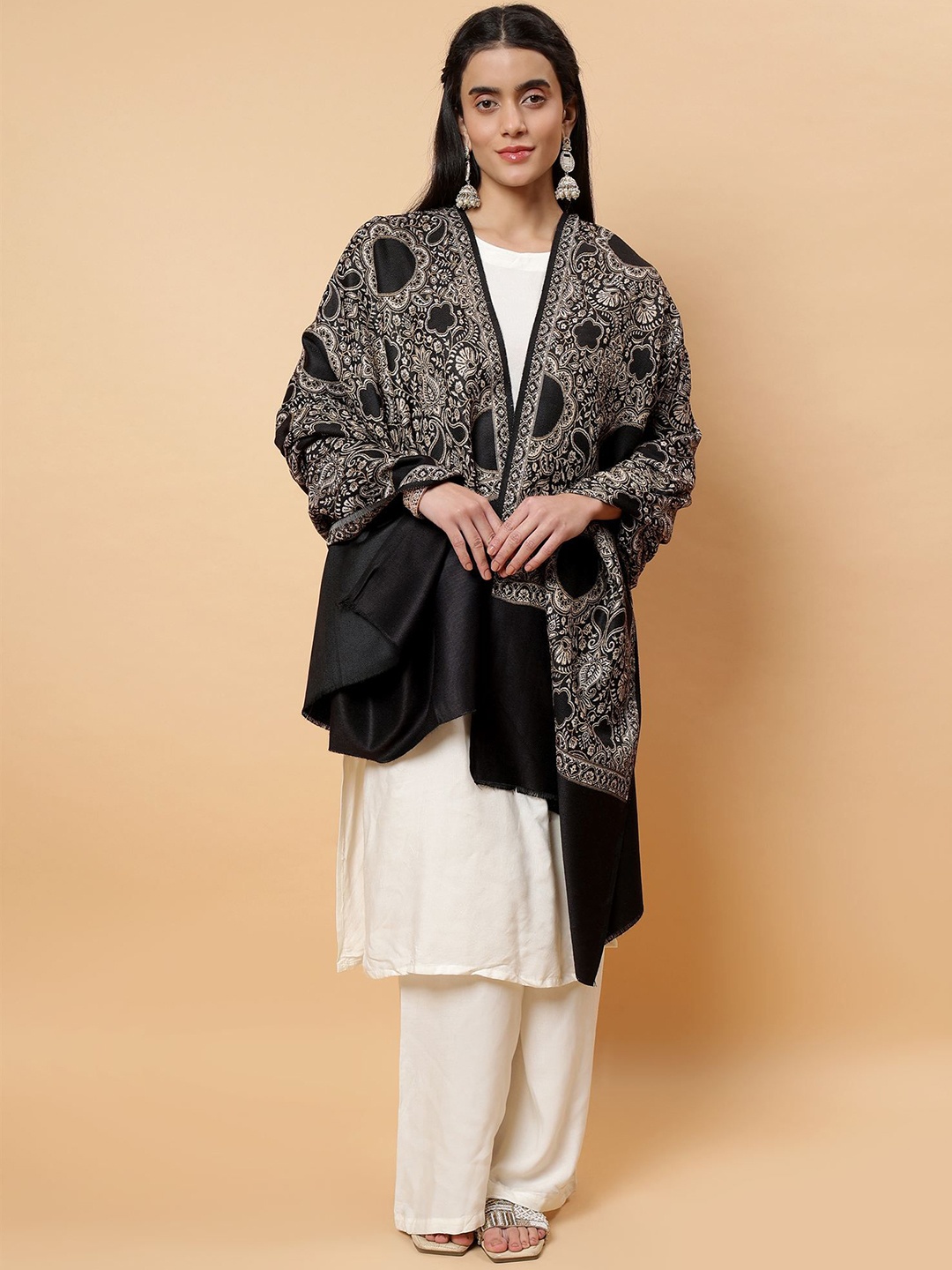 

Moda Chales Ethnic Motifs Woven Design Woollen Shawl, Black