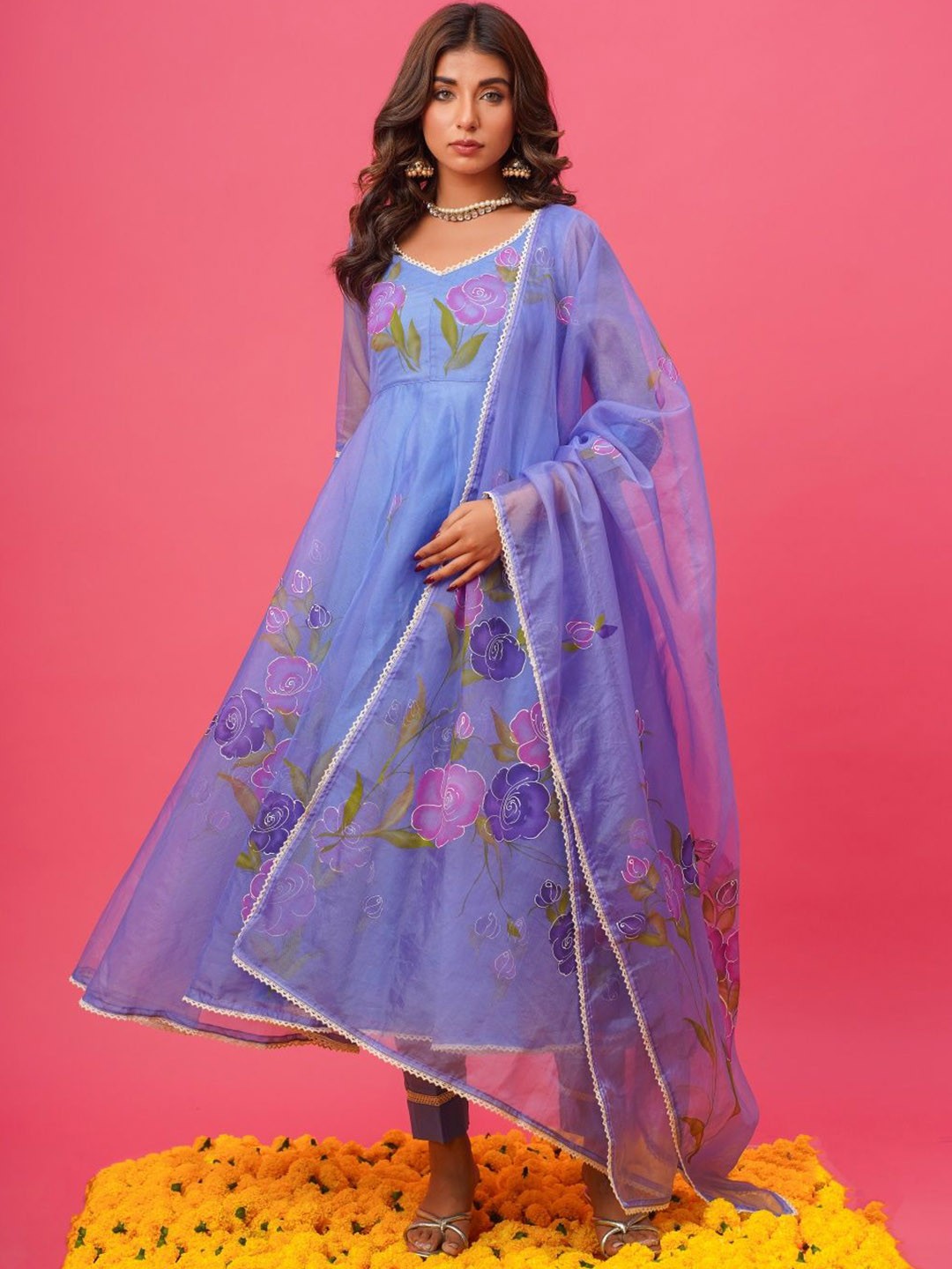 

HOUSE OF BAISA Floral Printed V-Neck Handpainted Anarkali Kurta With Trouser & Dupatta, Blue