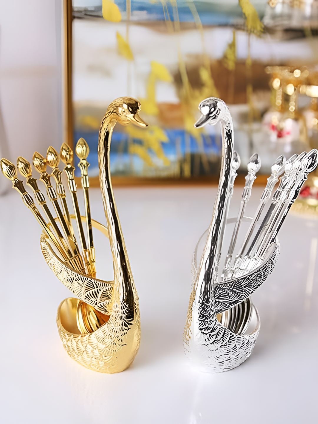 

Shreedah Silver-Toned & Gold-Toned 2 Pieces Brass Swan Cutlery Stand