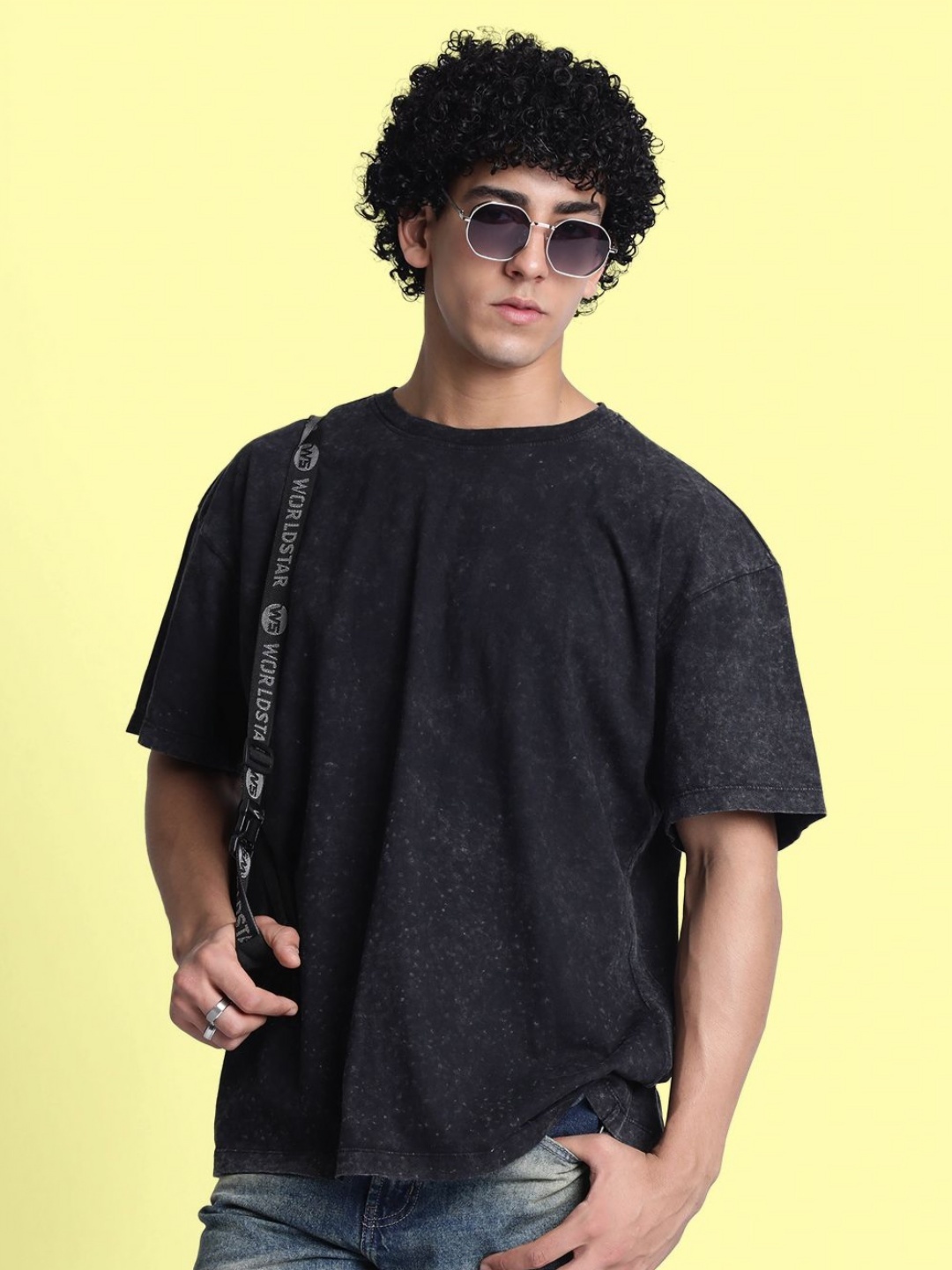 

Bene Kleed Men Abstract Printed Round Neck Cotton Oversized T-shirt, Black
