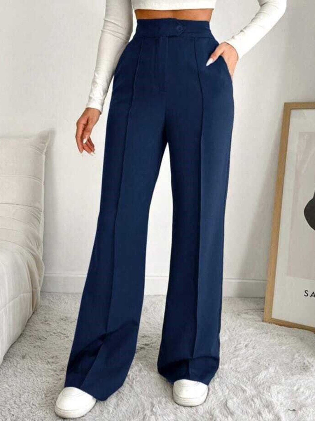 

Next One Women Smart Straight Fit High-Rise Easy Wash Pleated Trousers, Navy blue