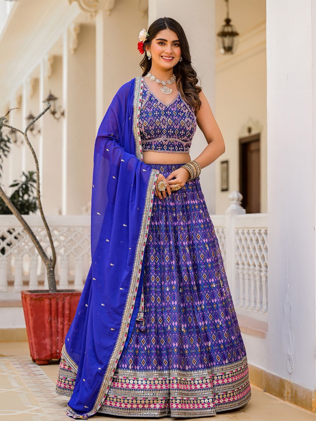 

ODETTE Printed Ready to Wear Lehenga & Blouse With Dupatta, Blue