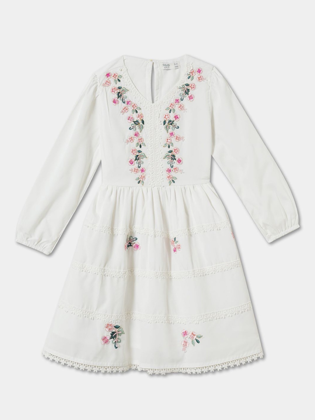 

R&B Girls Cotton Floral Embroidered Puff Sleeve Fit & Flare Dress, White