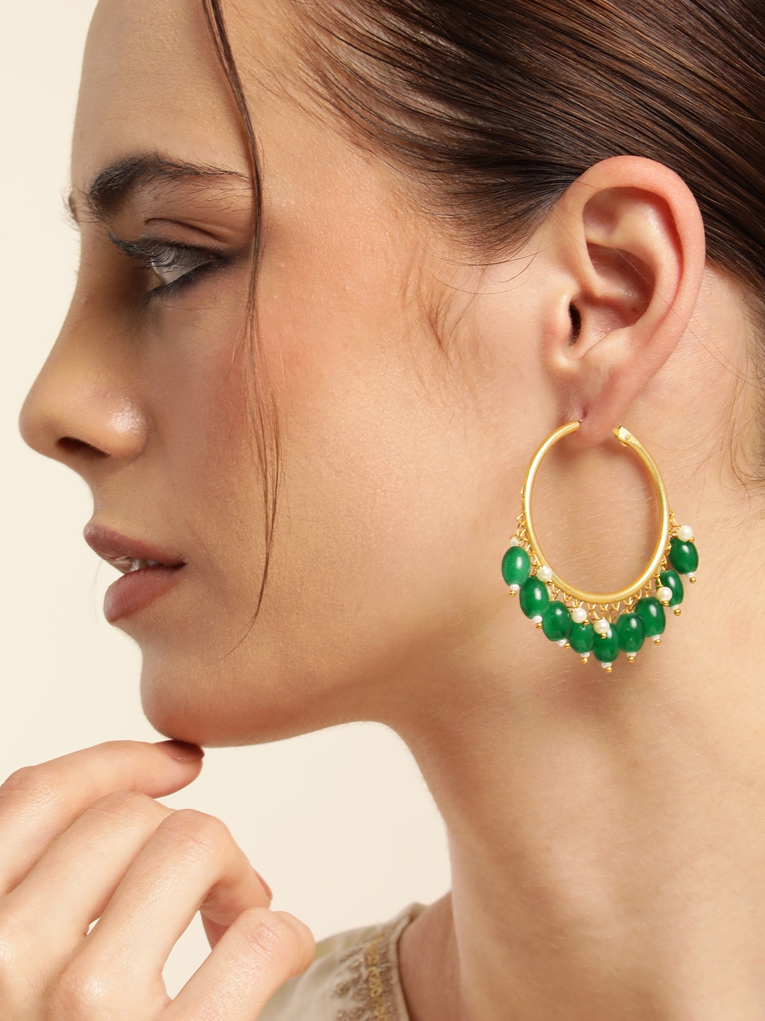 

Anouk Gold Plated Beaded Contemporary Hoop Earrings, Green