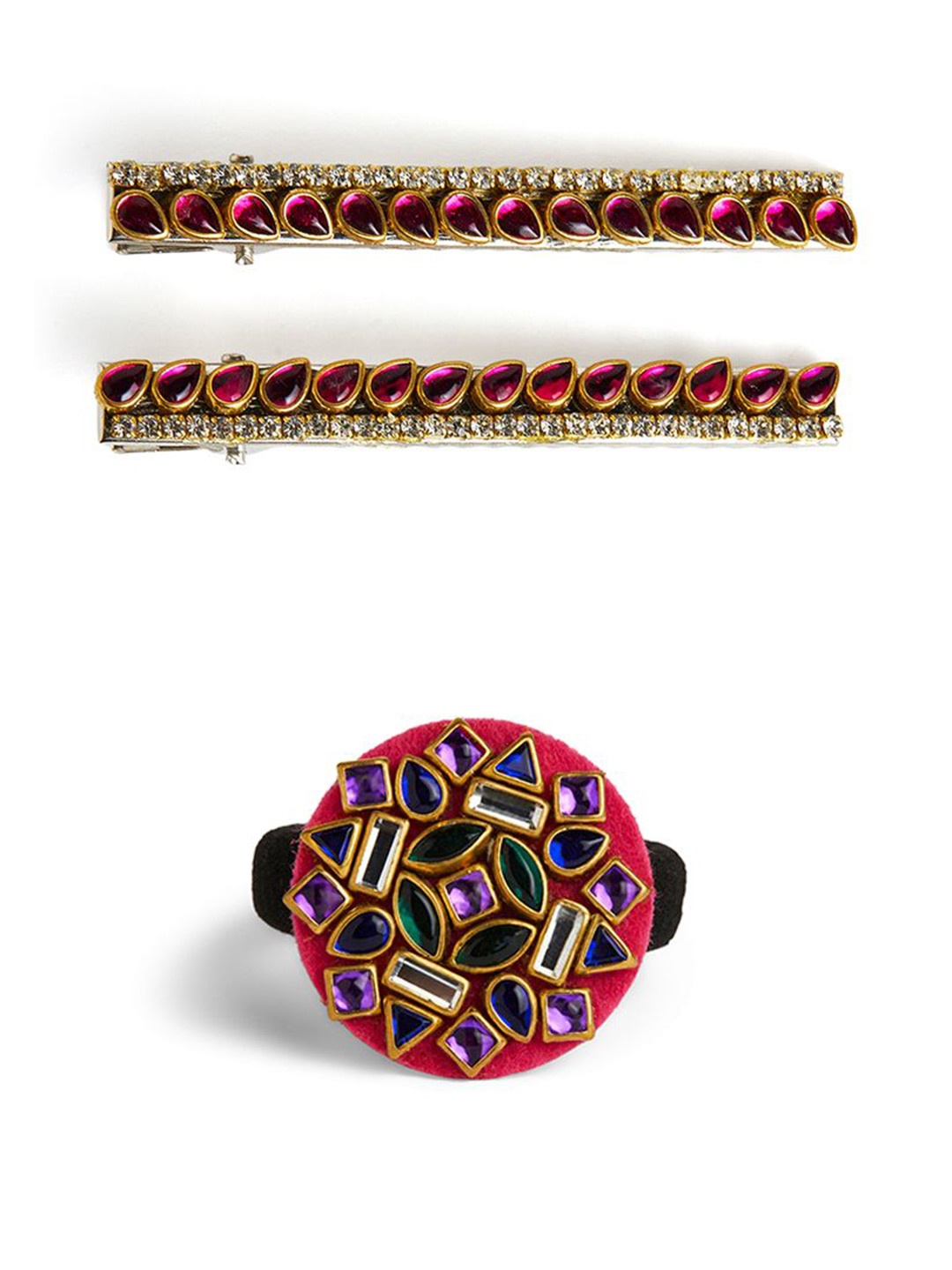 

RIBBON CANDY Girls Set of Embellished Rubber Band and Alligator Clips, Multi