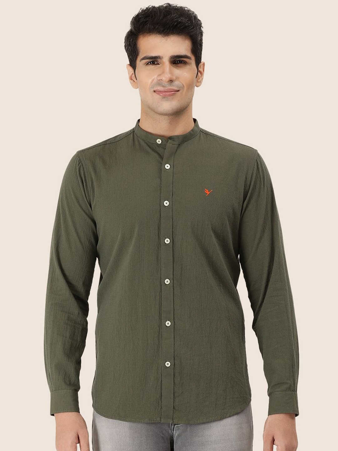 

AMSWAN Men Band Collar Textured Cotton Casual Shirt, Green