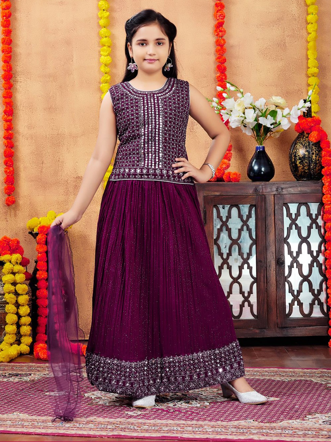 

Aarika Girls Embroidered Sequinned Ready to Wear Lehenga & Blouse With Dupatta, Purple