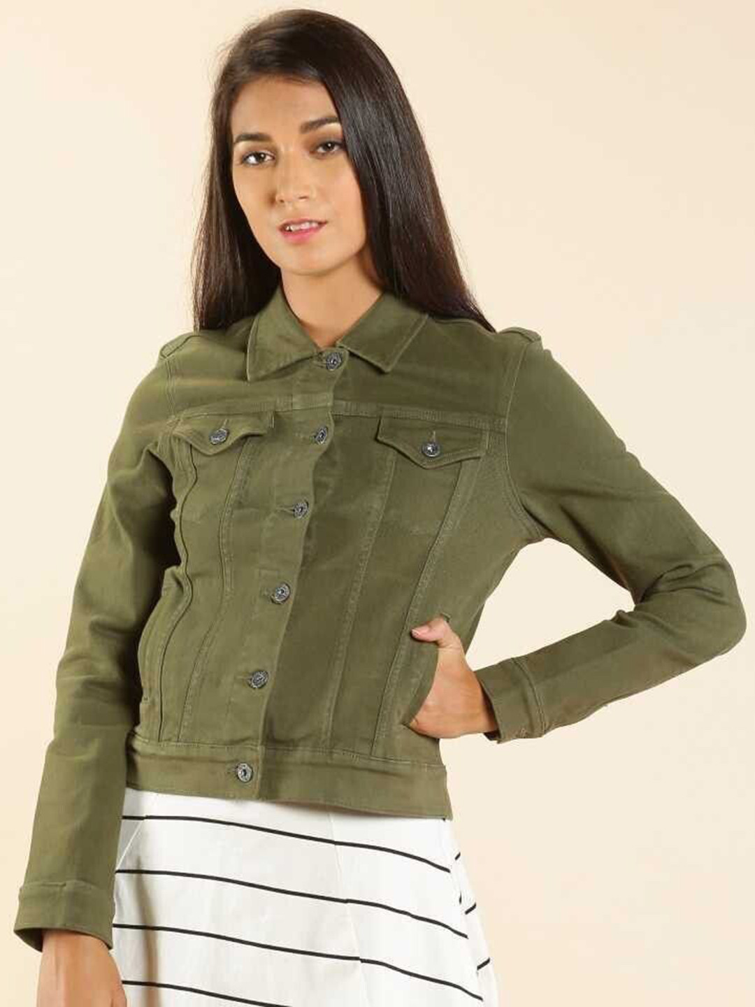 

KASHIAN Women Spread Collar Solid Casual Denim Jacket, Olive